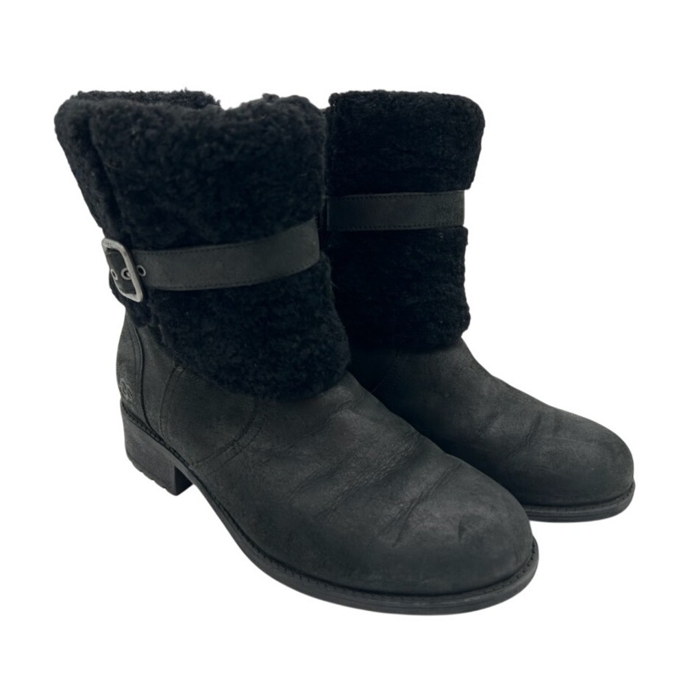 UGG‎ Black Leather Shearling Cuff Moto Buckle Ankle Boots Women's Size 9
